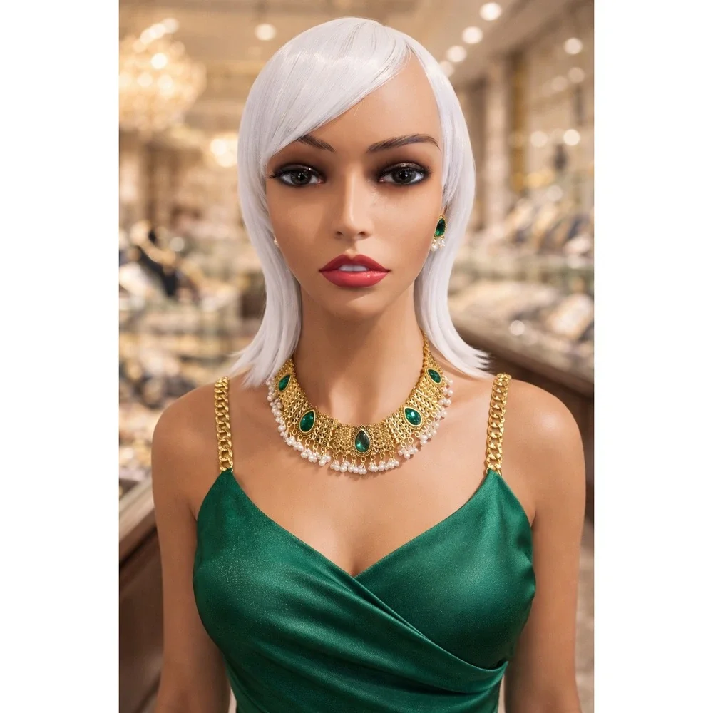 Jewelry Set Women Gold-Tone with Green‎ Stones and White Pearls